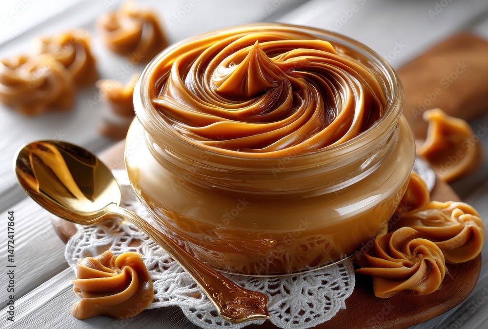 Aufkleber creamy caramel sauce in jar with beautiful swirl presentation surrounded by decorative swirls on woo