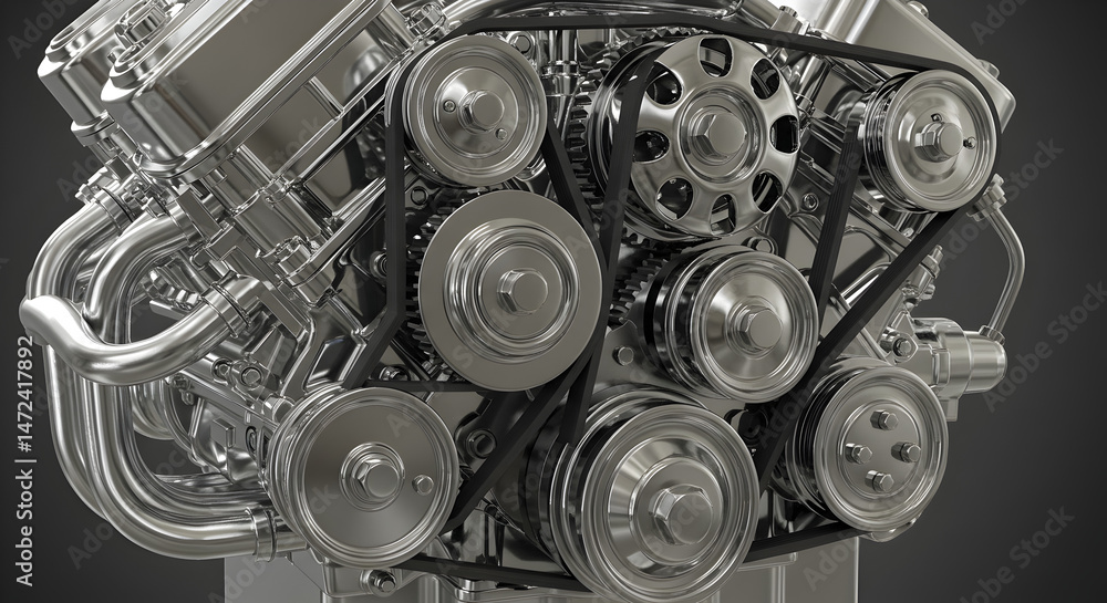 Poster detailed chrome engine block with intricate belts and pulleys on gray background