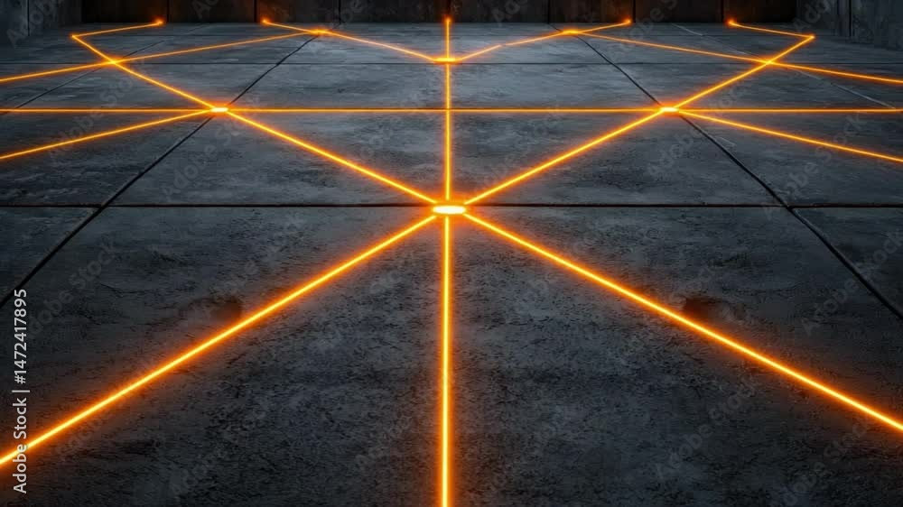 Poster abstract geometric patterns on a gray concrete floor with glowing orange lines radiating from a cent