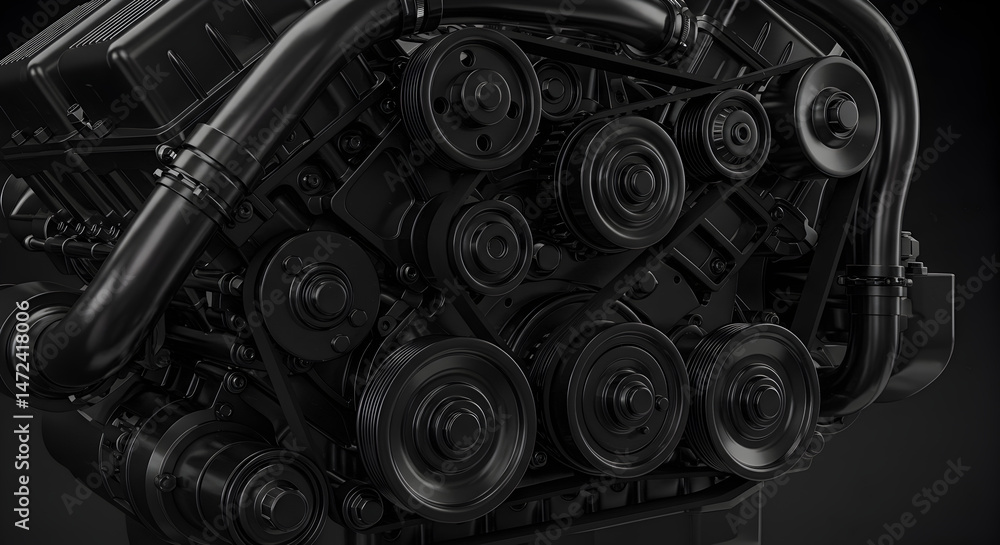 Poster detailed close up of a shiny black engine block with intricate belts pulleys and hoses against a dar