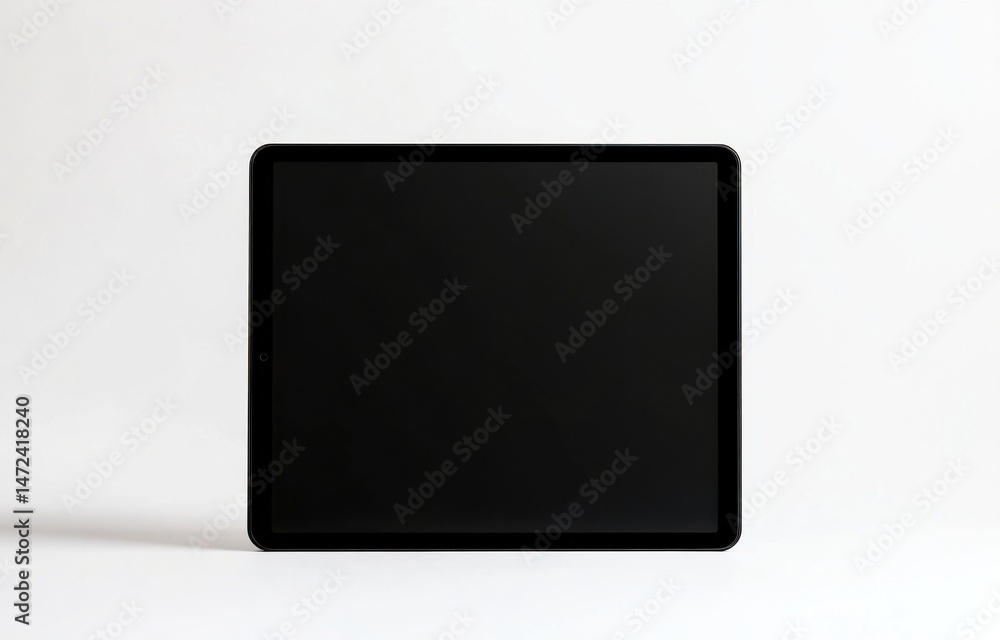 Poster A sleek, black tablet computer rests on a minimalist white surface, its screen displaying a dark, uniform black color, offering a clean and modern aesthetic. : Generative AI