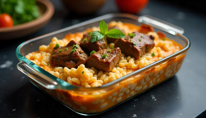 Albanian Baked Lamb and Rice with Yogurt Tave Kosi close-up in a pan on the table.