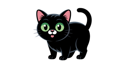 Obraz premium A charming and adorable cartoon illustration of a small black cat. The cat has big, bright green eyes, pink inner ears, a small pink nose, and a tiny pink tongue sticking out.