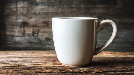 Fototapeta premium A large white ceramic mug sits on a rustic wooden table against a dark wood background, offering a simple, clean aesthetic. : Generative AI