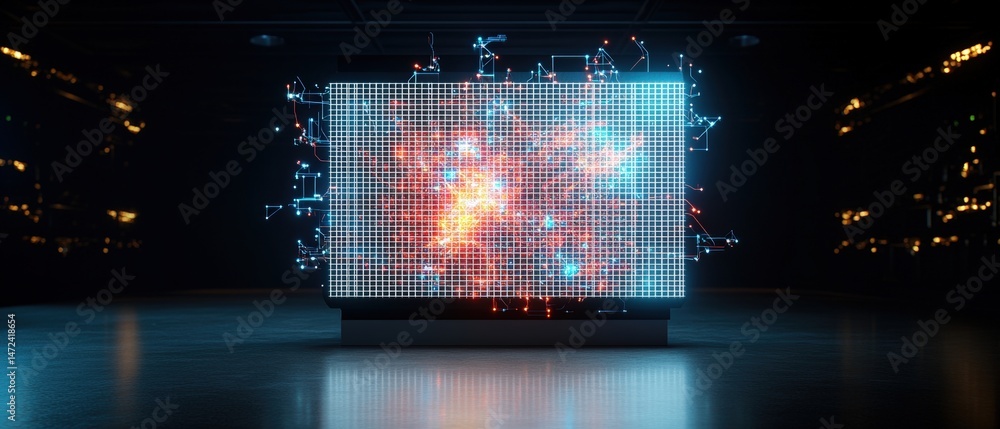 Poster a luminous display shows a complex network of data points interconnected with glowing energy trails 