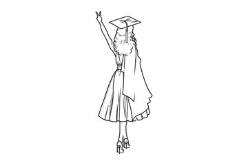  Graduation girl Silhouette Line art, Isolated on a white Background