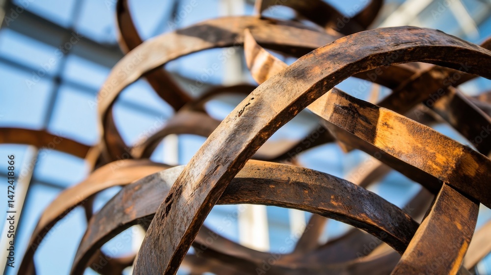 Poster intricate wooden sculpture: close-up view of a weathered, interwoven wooden art installation, showca