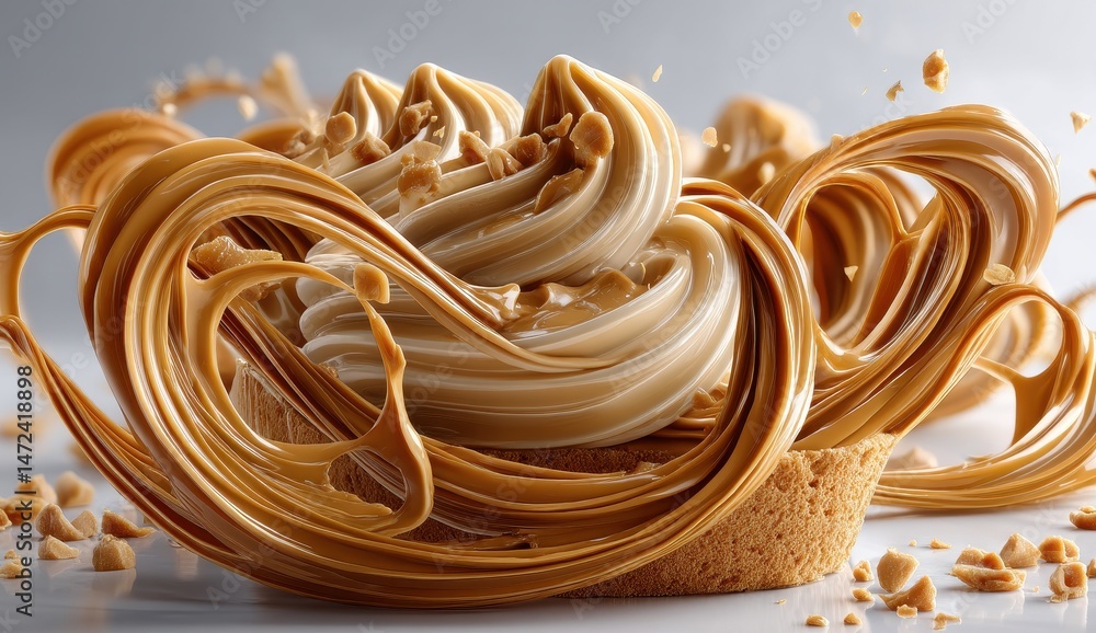 Poster creamy caramel swirl dessert topping with crushed nuts in an elegant pie crust and dynamic flowing s
