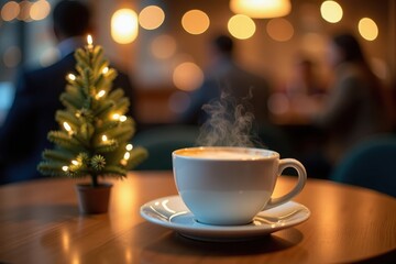 Fototapeta premium A steaming cup of coffee on a café table with a tiny Christmas tree decorated with lights. The background shows blurred customers and holiday ornaments creating a festive vibe