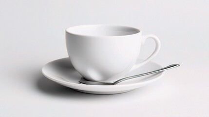 Fototapeta premium Simple White Coffee Cup with Saucer and Spoon on Minimalist Background