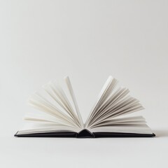 A dark-bound book lies open, its pages fanned out in a graceful display against a minimalist white background, suggesting knowledge, reading, or storytelling. : Generative AI