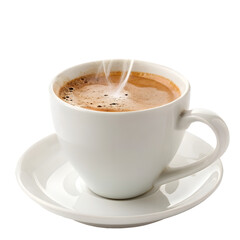 Obraz premium Steaming Cup of Coffee: A steaming cup of coffee, filled with a rich brown brew, sits on a saucer, inviting a moment of relaxation and rejuvenation. The steam creates a captivating contrast.