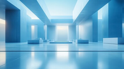 Light blue hallway with symmetrical columns and seating, lit by soft natural light