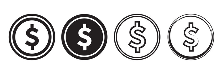 Dollar coin vector icons set on white background. Usd vector icon in black color. Finance and business concept. Dollar sign icon stock vector illustration.