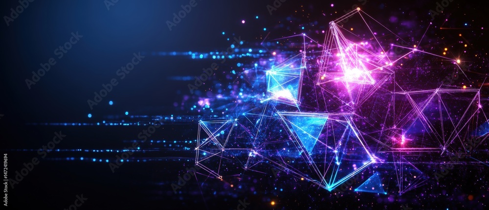 Poster geometric shapes connect through vibrant, interconnected networks in abstract data visualization des