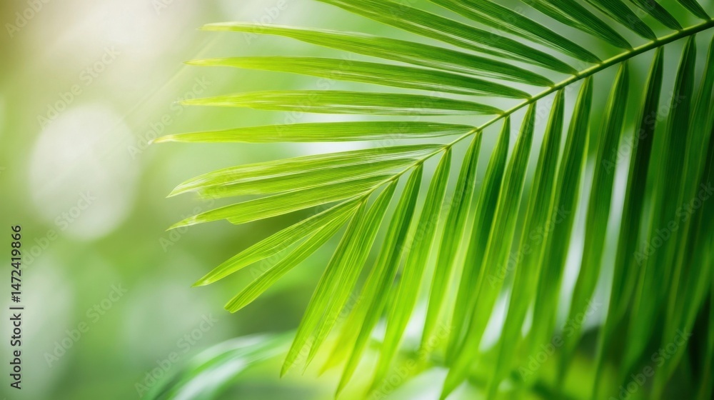 Poster vibrant green palm frond detail, illuminated by sunlight, showcasing intricate leaf texture and natu