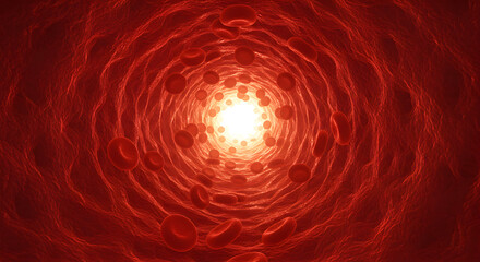 Detailed Inside View of Blood Vessel with Red Blood Cells Illuminated by Bright Light Showing Circulation