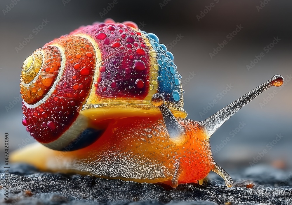 Poster vibrant rainbow snail with dew drops on shell, close-up macro photography : generative ai