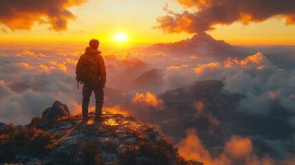 Obraz premium Man standing on mountain peak at sunset, looking at clouds and mountains. Vast landscape below