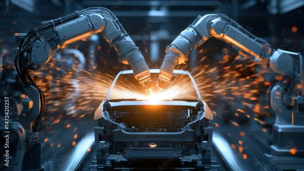 Poster advanced automation in industrial robotics: sparks fly during precision welding process in modern ca