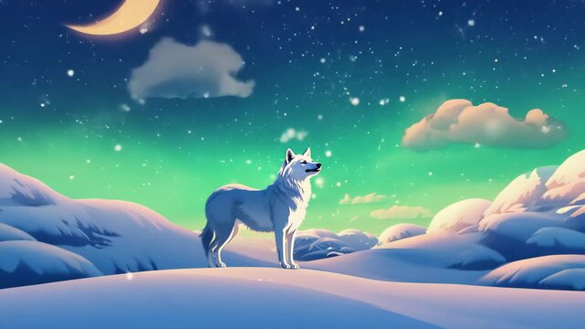 Majestic White Wolf in Animated Looping Timelapse against Snowy Landscape