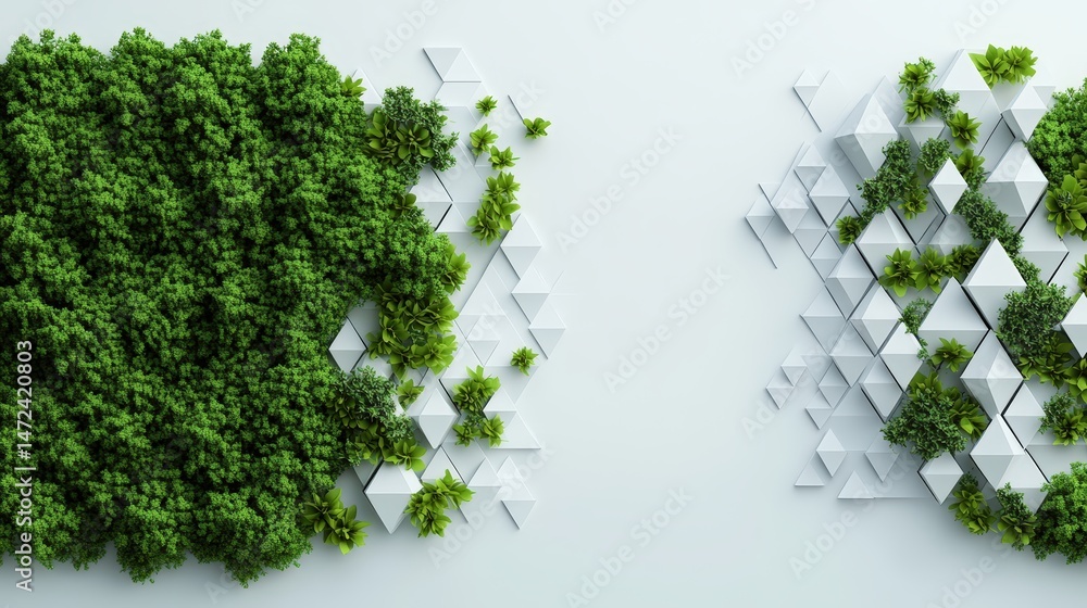 Poster lush green moss grows amongst a geometric array of white pyramids in an abstract architectural struc