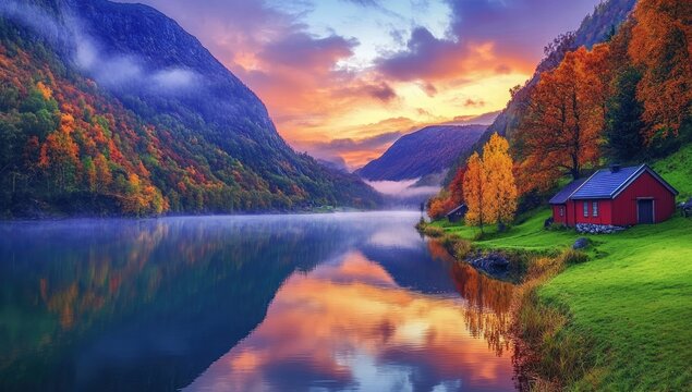 Autumnal lake scene with vibrant colors, serene reflection, and rustic cabin.  Misty mountains frame the peaceful landscape