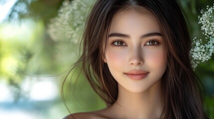 Fototapeta premium Beautiful woman outdoors, natural light, flowers, serene