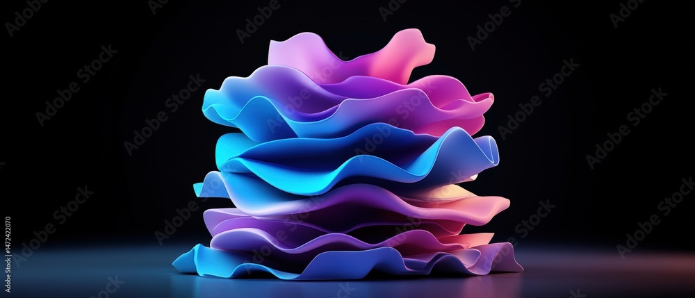 Poster abstract vibrant layers of colorful undulating shapes creating a modern art form on a dark backgroun