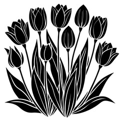 A striking black and white silhouette illustration of blooming tulips.