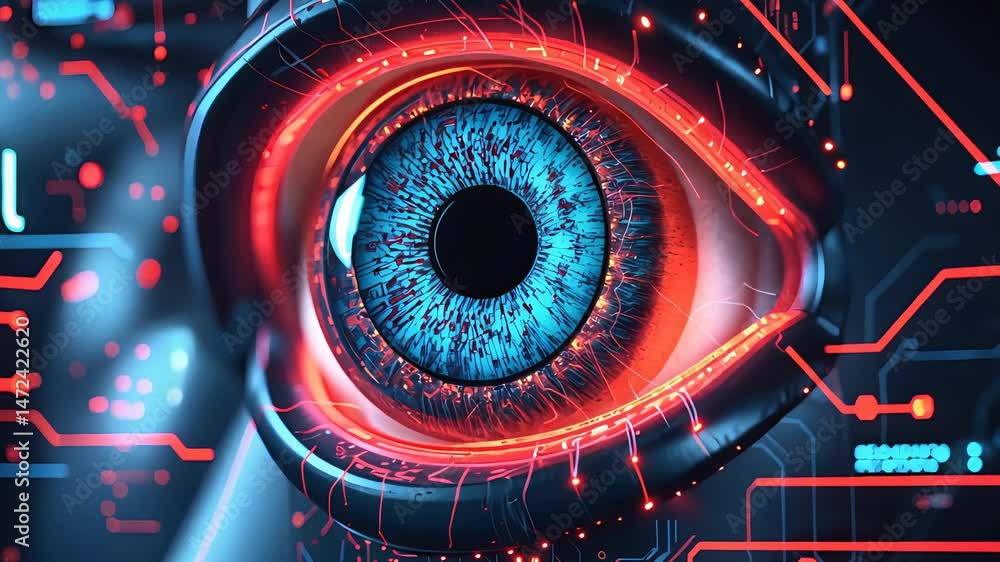 Aufkleber closeup of futuristic blue robotic eye with red digital circuitry elements and high-tech interface i