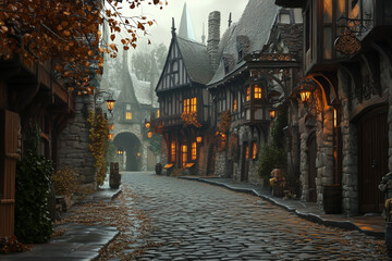 Obraz premium Rainy Day In An Old Town Cobblestone Street, Dark Mood, Autumn Leaves