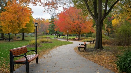 Naklejka premium Autumn leaves dance in a peaceful park, a symphony of warm colors and gentle movement.