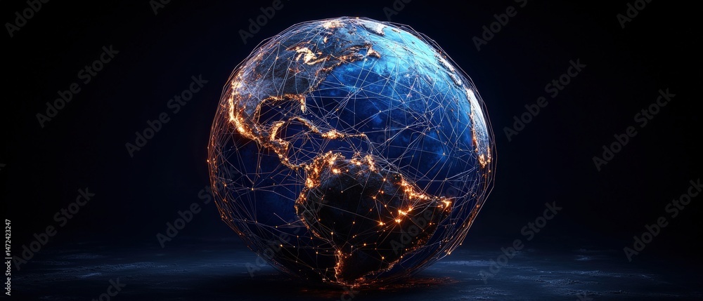Poster global communication network is represented by illuminated lines on digital planet earth model.