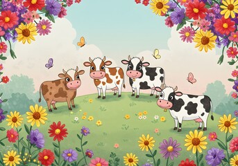 Four cows in a flower meadow illustration