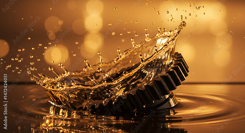 Poster golden liquid splashing around a submerged gear with soft bokeh lights creates a dynamic industrial 