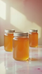 A transparent glass jar of honey with a blank label, great for branding, customization, adding text or graphics