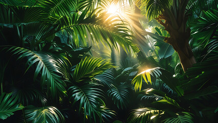 Fototapeta premium Lush green jungle scene with sunlight shining through tropical palm leaves and foliage