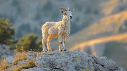 Mountain goat stands majestically atop a rocky peak, bathed in soft, warm light