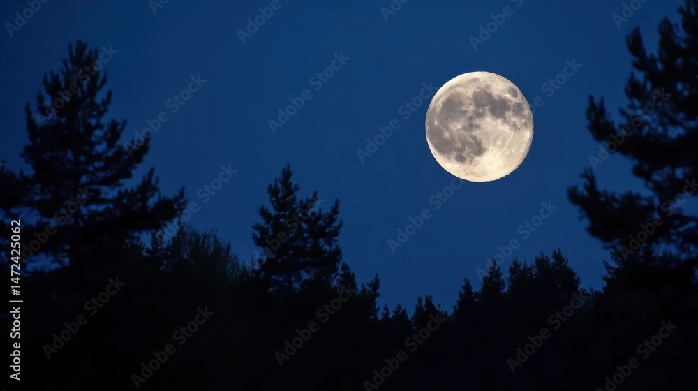 Aufkleber Large full moon illuminating a dark forest silhouette against a deep blue night sky, creating a serene and mystical atmosphere. : Generative AI