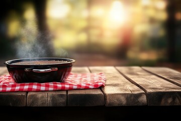 Outdoor cooking, steaming pot on rustic picnic table