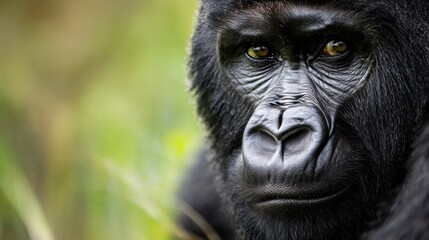 Obraz premium Close-up portrait of a majestic mountain gorilla, its dark fur contrasting against a blurred green background, showcasing intense eyes and detailed facial features. : Generative AI