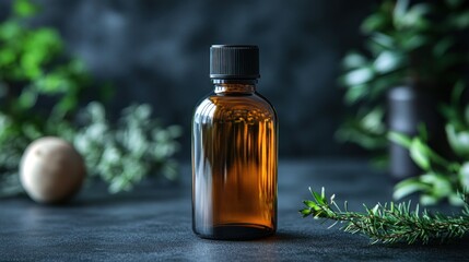 Amber glass bottle of essential oil, surrounded by greenery on dark stone surface