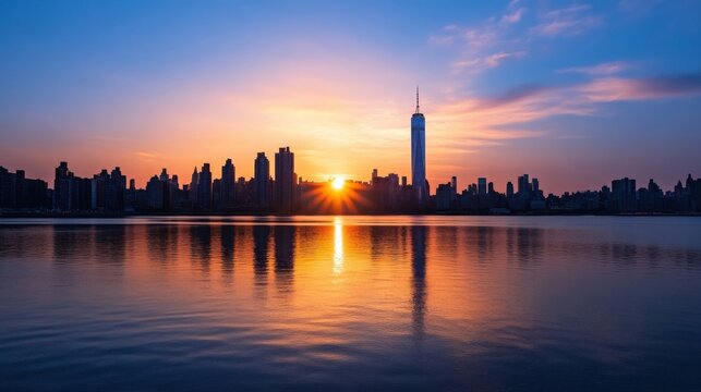 Stunning sunrise over the New York City skyline, with the One World Trade Center prominent, reflecting in calm water. : Generative AI - Powered by Adobe