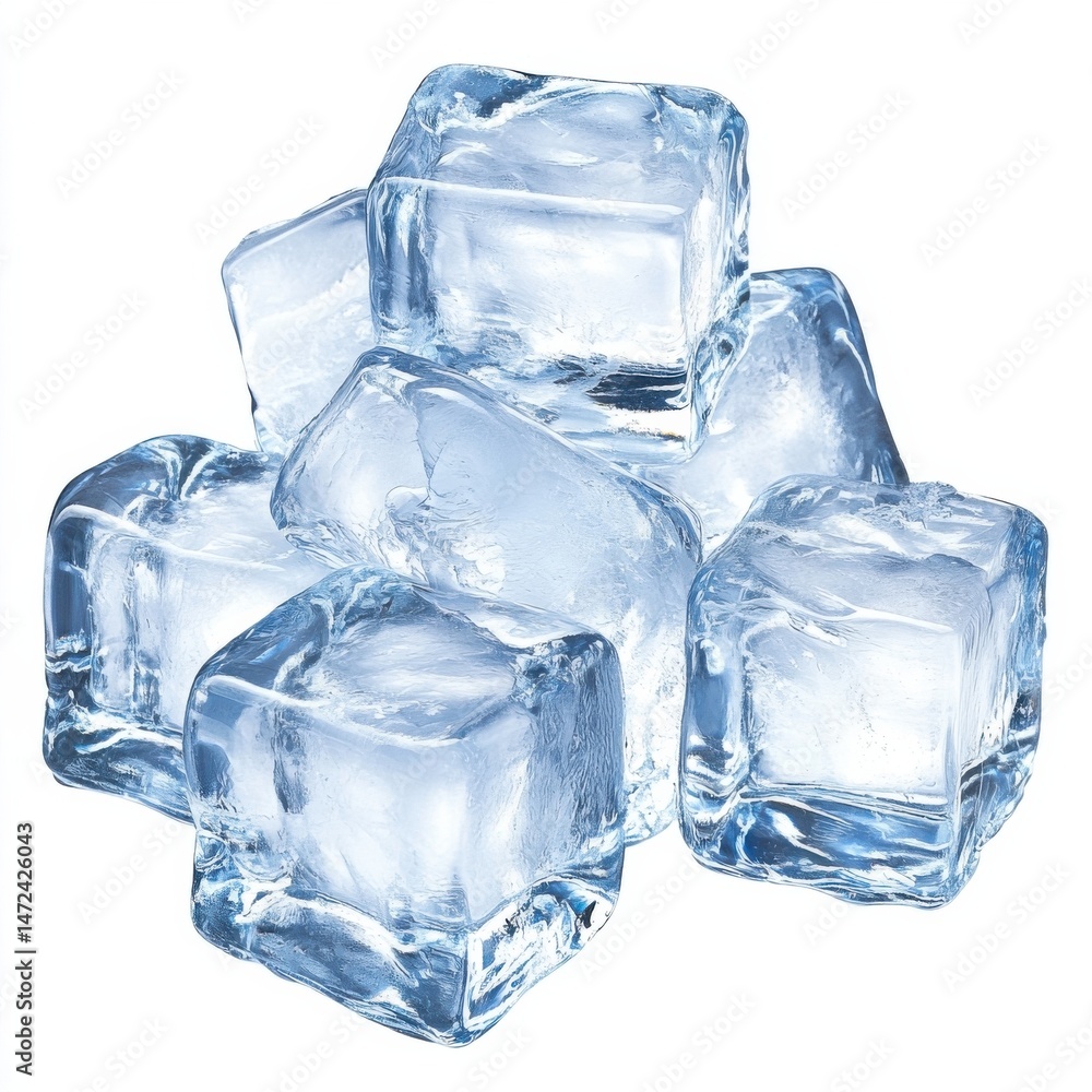 Poster a pile of translucent ice cubes, glistening with light, sits on a white background. the ice is clear