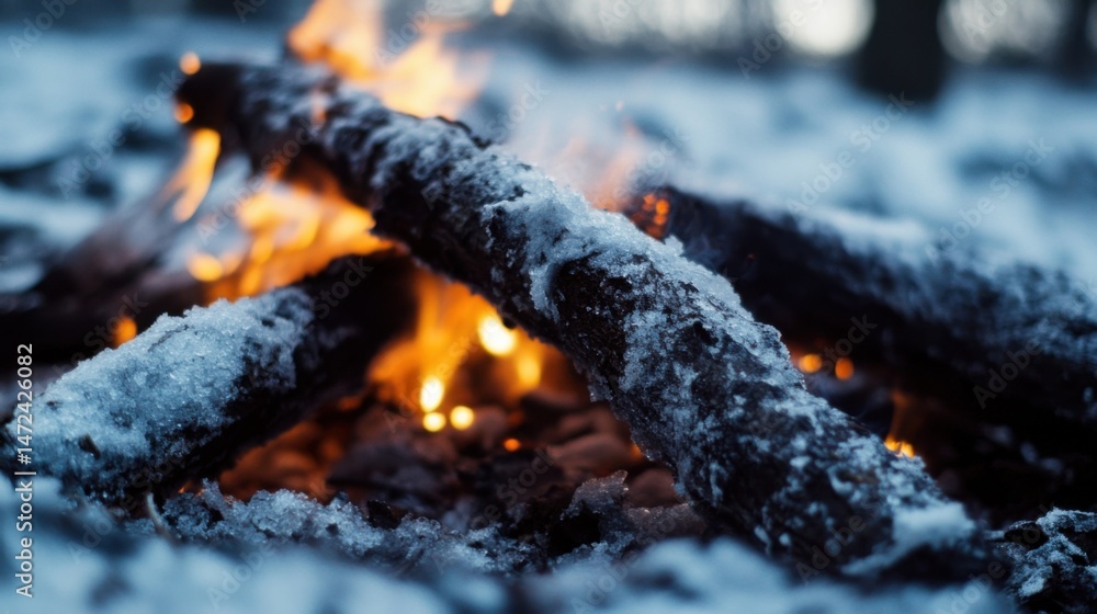 Aufkleber close-up view of a winter campfire with snow-covered logs burning brightly, creating a warm contrast