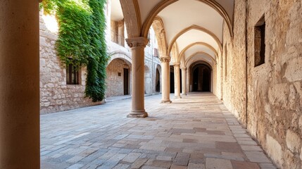 Obraz premium Sunlit stone passageway with arched colonnade and ivy-covered walls, creating a tranquil and historic atmosphere. : Generative AI