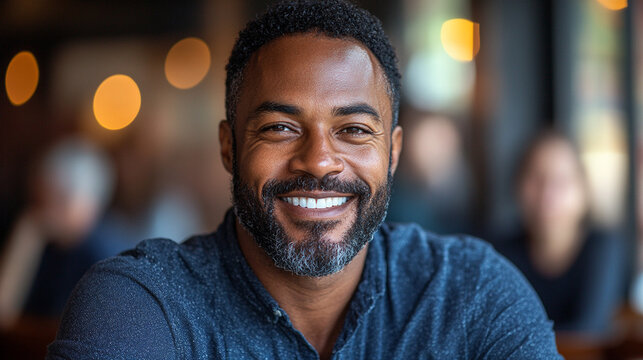 Smiling man in cafe with blurred background - Powered by Adobe