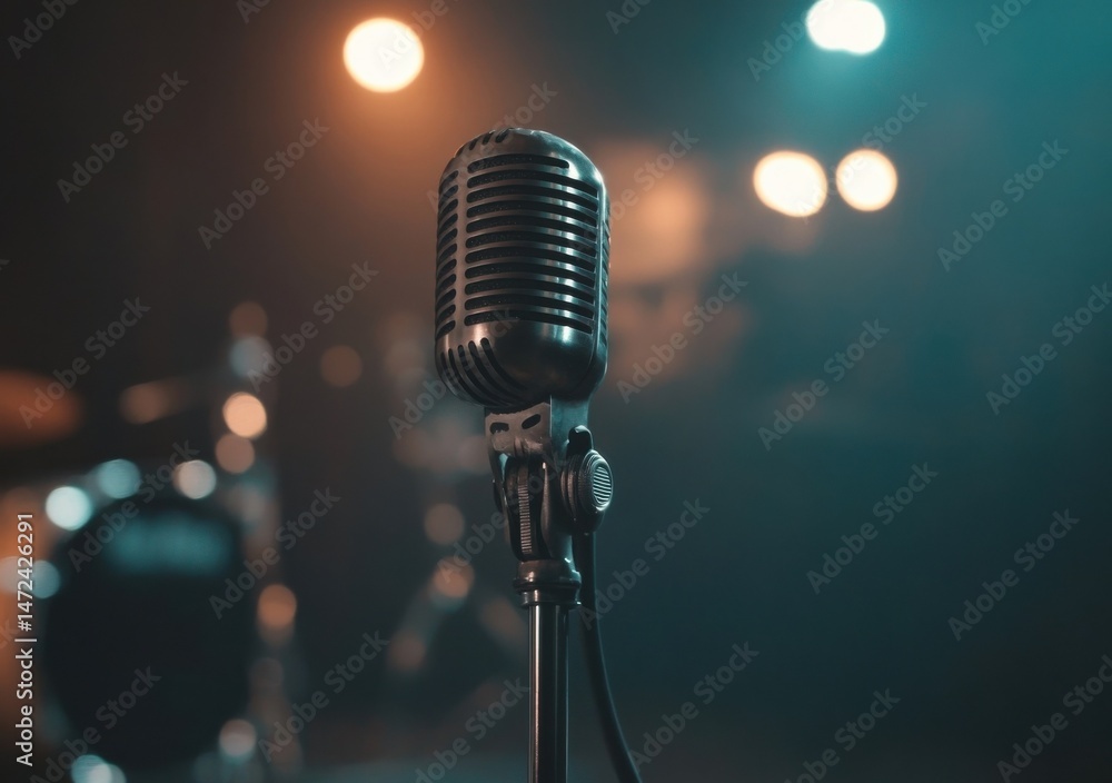 Poster vintage microphone on stand in dimly lit music venue, ready for a performance, with blurred drum kit