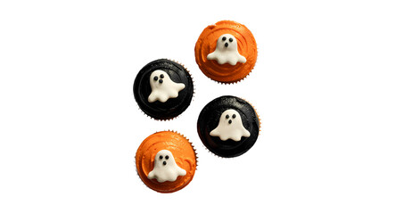 Obraz premium A top-down photograph of four festive Halloween cupcakes arranged diagonally on a clean white background. Two cupcakes have vibrant orange frosting and two have dark black frosting.